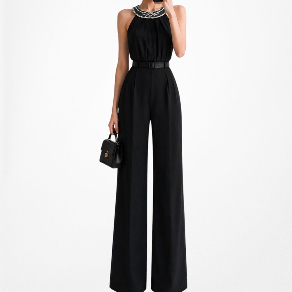 Vintage Y2K 90s Sleeveless Halter Neck Beaded Straight Leg Knit Jumpsuit Size M